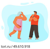 Woman with a towel on the head after shower or bath, disgruntled man makes her remark about time. Life of a young couple, the girl was in the bathroom for a long time, guy is waiting for her. Woman with a towel on the head after shower or bath, disgruntled man makes her remark about time. Стоковая иллюстрация, агентство Ingram Publishing / Фотобанк Лори