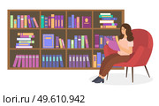 Female character is sitting on a chair in room with bookcase. Psychotherapist with notepad in hand writes down and asks questions. Happy woman is reading a book, resting in livingroom interior. Female character is holding a notepad in her hand, sitting on a chair in room with bookcase. Стоковая иллюстрация, агентство Ingram Publishing / Фотобанк Лори