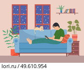 A man using his phone while sitting on the couch. A guy spending time in the evening with his cat. Male character using modern technologies for self-education at home, communicates on social networks. A man using his phone while sitting on the couch. A boy spending time in the evening with his cat. Стоковая иллюстрация, агентство Ingram Publishing / Фотобанк Лори