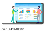 Teamwork concept. Development of a plan how to attract a customers. Man standing on laptop communicate, collaboration and discussion graphical business report with data charts and graphs on web page. Teamwork concept, collaboration and discussion graphical business report with charts and graphs. Стоковая иллюстрация, агентство Ingram Publishing / Фотобанк Лори