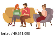 Family psychotherapy. Conversation between man and woman and female psychologist or psychotherapist. A couple of people quarrels. Angry man yells at girl. Girl is raising her hands in indignation. Family psychotherapy. Conversation between man and woman and female psychologist or psychotherapist. Стоковая иллюстрация, агентство Ingram Publishing / Фотобанк Лори