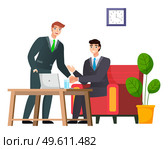 Business propasal for partner. Man make agreement deal handshake. Hiring interview. Colleagues discuss project. Teamwork idea. Accepting proposals for investment in finance and exchanging ideas. Business propasal for partner. Man make agreement handshake interview. Colleagues discuss project. Стоковая иллюстрация, агентство Ingram Publishing / Фотобанк Лори