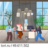 Unorganized office workers panic. Angry boss swear at worker talking on phone. Employee with digital tablet running to table. Chaos in office. Stylish design of office with plants, big windows. Employee with digital tablet running to table, chaos in office, angry boss swear at worker. Стоковая иллюстрация, агентство Ingram Publishing / Фотобанк Лори