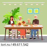 Family at lunch in Russian style. Relatives are communicating and eating traditional food. Grandmother gives her granddaughter a clay pot with borsch. Dining table with pancakes and buns with garlic. Family at lunch in Russian style. Relatives are communicating and eating traditional food. Стоковая иллюстрация, агентство Ingram Publishing / Фотобанк Лори