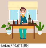 I stay at home. Man at the table with with different bottles and glasses is drinking beer. Guy is drinking alcohol. Self isolation mode. Male character at home resting, holding a mug with beer. I stay at home. Man at the table is drinking beer. Guy is drinking alcohol. Self isolation mode. Стоковая иллюстрация, агентство Ingram Publishing / Фотобанк Лори