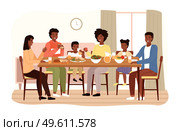 The family dines with healthy food. Relatives eat natural fresh products vector illustration. Afro american people having dinner isolated on a white background. Table with fruit, salad and sandwiches. The family dines with healthy food. Relatives eat natural fresh products vector illustration. Стоковая иллюстрация, агентство Ingram Publishing / Фотобанк Лори