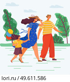 Happy family walk in the park. Family walk during warm season and windy weather. Mom, dad and daughter with balloons in her hands are walking down the street during a strong wind. Healthy lifestyle. Happy family walk in the park. Healthy lifestyle. Family walk during warm season and windy weather. Стоковая иллюстрация, агентство Ingram Publishing / Фотобанк Лори