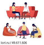 People are working at home vector illustration. Characters sitting in bag chair and on couch. Friends isolated on white background. Freelancers are communicating. Hipsters are resting at home. People are working at home vector illustration. Characters sitting in bag chair and on couch. Стоковая иллюстрация, агентство Ingram Publishing / Фотобанк Лори