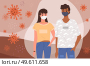 Couple of people is wearing medical masks. People adhere to quarantine regulations. Cartoon characters on the background of coronaviruses and bacterias, quarantine period, vector illustration. Couple of people wears medical masks. Cartoon characters on the background of virus and bacteria. Стоковая иллюстрация, агентство Ingram Publishing / Фотобанк Лори