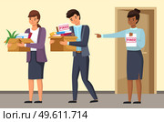 Layoff concept. Boss dismissed employee. Sad man and woman leave the office with things in boxes. Unemployment dismissal of fellow workers. Crisis, jobless and employee job reduction concept. Layoff concept. Boss dismissed employee. Sad man and woman leave the office with things in boxes. Стоковая иллюстрация, агентство Ingram Publishing / Фотобанк Лори