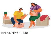 Moving to new house or apartment, relocation, young couple unpack boxes with dometic things, woman sitting at box with goods, guy unpacking cardbox with hangers, happy family in new home or flat. Moving to new house or apartment, relocation, young couple unpack boxes with dometic things. Стоковая иллюстрация, агентство Ingram Publishing / Фотобанк Лори