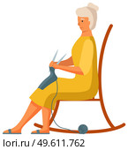 Elderly woman is knitting a scarf isolated on white background. Person works with threads. Female character sitting on rocking chair with knitting needles in hands. Woman looks at hand-made product. Elderly woman knitting hand made scarf isolated on white background. Person works with threads. Стоковая иллюстрация, агентство Ingram Publishing / Фотобанк Лори