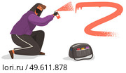 Vandal damaging city building. Bandit in hood and balaclava painting graffiti isolated on white background. Street gangsters and vandalism. A man bandit sprays paint from a balloon, spoils property. Vandal damaging city building. Bandit in hood and balaclava painting graffiti isolated on white. Стоковая иллюстрация, агентство Ingram Publishing / Фотобанк Лори