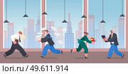 Chaos in office. Unorganized office workers in panic stressing. Workers failure deadline. Man with phone calling, woman with folders, man with tablet, guy with documents, people running, hurrying. Man with phone calling, woman with folders, man with tablet, guy with documents, people running. Стоковая иллюстрация, агентство Ingram Publishing / Фотобанк Лори