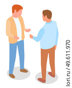 Businesspeople characters in casual clothes. Man colleagues, teamwork cooperation, people speaking, communicating. Full length view of male workers discussing, employee meeting vector design. Businesspeople characters in casual clothes. Male workers discussing, employee meeting vector design. Стоковая иллюстрация, агентство Ingram Publishing / Фотобанк Лори