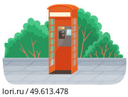 Payphone icon in flat style stands on the sidewalk in the street near green trees. Park symbol red opened street phone vector illustration. Empty London classic telephone booth with an open door. Payphone icon in flat style stands on the sidewalk in the street near green trees, street phone. Стоковая иллюстрация, агентство Ingram Publishing / Фотобанк Лори