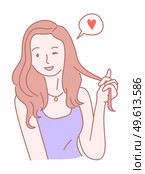 Drawn by lines young girl, winks, teasing her hair. Brown-haired girl in lilac T-shirt, necklace on her neck, cloud with heart inside. Dreams of love. Coquettish young woman thinks about romance. Hand drawn style girl dreaming about love, teasing her hair. Young female painted character. Стоковая иллюстрация, агентство Ingram Publishing / Фотобанк Лори