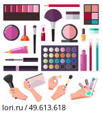 Makeup collection, different tools or instruments for visagiste, cosmetics, female hands with brush, cosmetic bag, lipstick, shadows palette, lipgloss, powder, pencils, mascara, nail polish cream jar. Makeup set, different tools or instruments for visagiste, female hands with cosmetics equipment. Стоковая иллюстрация, агентство Ingram Publishing / Фотобанк Лори