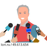 Press conference with a elderly person. Journalist with microphone interviews handsome smiling man. Gray-haired old male character while recording audio. Correspondent holds special equipment. Press conference with elderly person. Journalist with microphone interviews handsome smiling man. Стоковая иллюстрация, агентство Ingram Publishing / Фотобанк Лори