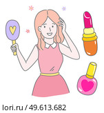 Cute cartoon character girl. Isolated at white portrait of smiling young girl. Cute pretty girl wearing dress holding mirror or hairbrush. Simple avatar of young female. Pink lipstick and nail varnish. Cute young smiling girl with cosmetic products, lipstick and nail varnish icons, holding brush. Стоковая иллюстрация, агентство Ingram Publishing / Фотобанк Лори
