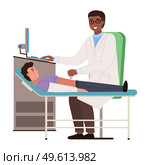 Doctor conducts an ultrasound of patient s abdominal cavity. Boy on consultation at the hospital. Gastroenterologist examines the belly of a young guy. Physician works at clinic with special equipment. Doctor conducts an ultrasound of the patient s abdominal cavity. Boy on consultation at the hospital. Стоковая иллюстрация, агентство Ingram Publishing / Фотобанк Лори