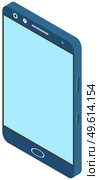 Smartphone grey with blue touchscreen, chatting sms, application for communications template isolated on white. Vertical isometric illustration of mobile phone modern device, smart technology. Smartphone grey with blue touchscreen, chatting sms, application for communications template. Стоковая иллюстрация, агентство Ingram Publishing / Фотобанк Лори
