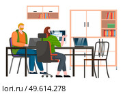 Businesspeople discuss a project. Business meeting, working process in office workspace with computer. A man and a woman sitting at a table, communicating programmers develop new program code. Businesspeople discuss a project. Business meeting, working process in office room with computer. Стоковая иллюстрация, агентство Ingram Publishing / Фотобанк Лори