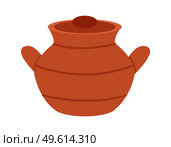 A clay dishes kitchen utensil isolated on a white background. Covered brown pan flat vector illustration. Dishes for boiling and cooking at home. Pan with lid and handles equipment for dining room. A clay dishes kitchen utensil isolated on a white background. Covered brown pan with lid and handles. Стоковая иллюстрация, агентство Ingram Publishing / Фотобанк Лори
