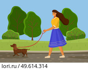 Long-haired woman wears blue skirt walks with dog, dachshund in city park, country road, countryside. Windy spring or summer weather. Green trees, bushes, lawn. Walk your pet in the fresh air. Girl in blue skirt is walking brown dog in nature. Summer park, forest, green area. Flat image. Стоковая иллюстрация, агентство Ingram Publishing / Фотобанк Лори