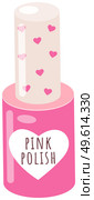 Pink nail polish, isolated on white closed bottle with colored nail varnish manicure salon accessory. Nail rose polish bottle with cap with hearts, cute container with lacquer, hand care and beauty. Pink nail polish, isolated on white closed bottle with colored nail varnish manicure salon accessory. Стоковая иллюстрация, агентство Ingram Publishing / Фотобанк Лори