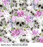 Beautiful watercolor seamless pattern with skull and flowers of peony and roses.  Illustration. Beautiful watercolor seamless pattern with skull and flowers of peony and roses.  . Стоковое фото, агентство Ingram Publishing / Фотобанк Лори