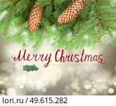 chrismas tree and pine cones on gray festive background with sparkles and merry christmas greetings. chrismas tree and pine cones. Стоковое фото, агентство Ingram Publishing / Фотобанк Лори