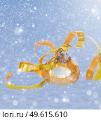 golden chrismas ball with bow in snow background. Стоковое фото, агентство Ingram Publishing / Фотобанк Лори