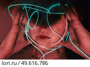 Weird dystopian theme portrait with blue neon lights. Стоковое фото, агентство Ingram Publishing / Фотобанк Лори