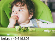 Baby eating food in her green highchair. Стоковое фото, агентство Ingram Publishing / Фотобанк Лори