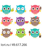 Cute spring garden owls on white background. Vector illustration . Стоковая иллюстрация, агентство Ingram Publishing / Фотобанк Лори