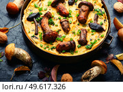Autumn pie with forest mushrooms.Homemade open pie. Homemade pie or quiche with mushrooms. Стоковое фото, агентство Ingram Publishing / Фотобанк Лори