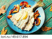 Pike perch baked with autumn fruits on the plate. Baked dietary fish with quince. Стоковое фото, агентство Ingram Publishing / Фотобанк Лори