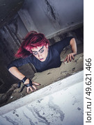 girl model in black with pink hair in an abandoned building. Стоковое фото, агентство Ingram Publishing / Фотобанк Лори