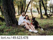 Big dog for a walk with a guy and a girl on the green prairie. Стоковое фото, агентство Ingram Publishing / Фотобанк Лори
