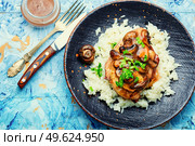 Chicken meat with mushroom sauce on a rice pad. Chicken breast with Italian marsala sauce.. Chicken with marsala sauce and rice. Стоковое фото, агентство Ingram Publishing / Фотобанк Лори