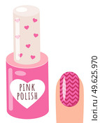 Pink nail polish and a woman s hand with a pattern on the nail, varnish manicure salon accessory. Nail rose polish bottle with cap with hearts, cute container with lacquer, hand care and beauty. Pink nail polish and a woman s hand with a pattern on the nail, varnish manicure salon accessory. Стоковая иллюстрация, агентство Ingram Publishing / Фотобанк Лори