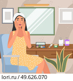 Woman using cosmetic cleansing gel to prepare the skin for makeup. Girl is doing morning routine. Female applying skin care product. Persona applies makeup base on her face vector illustration. Woman using cosmetic cleansing gel to prepare the skin for makeup. Girl is doing morning routine. Стоковая иллюстрация, агентство Ingram Publishing / Фотобанк Лори