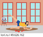 Young woman doing sport at home and correspondence surfing the Internet. Girl communicating through network on the laptop doing gymnastics. Social media network communication digital gadget addiction. Young woman doing sport at home and correspondence surfing the Internet. Doing yoga, typing laptop. Стоковая иллюстрация, агентство Ingram Publishing / Фотобанк Лори