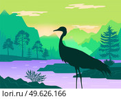 Vector silhouette of standing heron. Beautiful landscape the river flows along the forest on the shore and mountains, clear sky and clouds. Lovely big bird in natural habitat, wild nature inhabitant. Vector silhouette of standing heron. Beautiful landscape river, forest on the shore and mountains. Стоковая иллюстрация, агентство Ingram Publishing / Фотобанк Лори