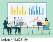 Business meeting, consideration of working issues. Working space office workers sitting at desks with laptops. Business people man and woman talking communication, discuss presentation graph and chart. Working space office workers sitting at desks with laptops. Business meeting or working process. Стоковая иллюстрация, агентство Ingram Publishing / Фотобанк Лори