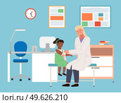 Podiatrist bandages girl s hand. Person on consultation with the orthopedic doctor. Orthopedist treats a child in hospital. Children s doctor works with little female character vector illustration. Podiatrist bandages girl s hand. Person on consultation with the orthopedic doctor concept. Стоковая иллюстрация, агентство Ingram Publishing / Фотобанк Лори