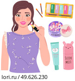 Beautiful young girl makes look and does makeup, looks after beauty and paints lips isolated on white. Makeup cosmetics tools and Korean cosmetics. Beauty products collection for skin care and health. Beautiful young girl makes look and does makeup looks after beauty and paints lips isolated on white. Стоковая иллюстрация, агентство Ingram Publishing / Фотобанк Лори