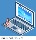 Video tutorial concept. Businesswoman presses play button watching a webinar. E-learning, video stream. A girl sitting with a laptop, chatting in social media. Student is studying online with computer. Video tutorial concept. Businesswoman presses play button. E-learning, video stream. Social media. Стоковая иллюстрация, агентство Ingram Publishing / Фотобанк Лори