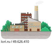 Energy production industry. Vector illustration of thermal power station for production of electrical energy with chimneys industrial buildings. Industrial plant on nature background with trees. Industrial plant on nature background with trees. Factory with chimneys and industrial buildings. Стоковая иллюстрация, агентство Ingram Publishing / Фотобанк Лори